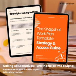 Product mockup for the Data With Style™ Snapshot Work Plan System. Two digital tablets display the "Strategy & Access Guide" and "KPI Principles" pages, rising above a background of cluttered office papers. The text overlay reads: "Calling All Executives: Turn the Noise into a Signal™. Architecture for your Business Impact."