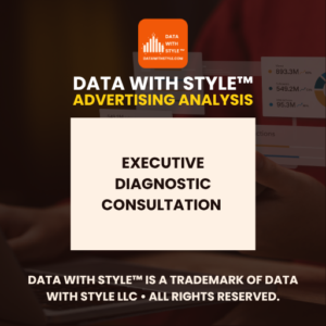 Graphic displaying the text Data With Style™ Advertising Analysis Executive Diagnostic Consultation on a dark background with the Data With Style™ logo. Digital image representing fractional CMO advertising performance audits and campaign analysis services.
