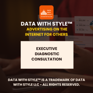 Graphic featuring the title Data With Style™ Advertising on the Internet for Others Executive Diagnostic Consultation alongside the Data With Style™ logo. Visual image representing managed online ad placement and digital marketing services.