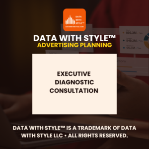 Graphic displaying the text Data With Style™ Advertising Planning Executive Diagnostic Consultation with the brand logo. Visual image representing strategic media planning, marketing campaign scheduling, and budget allocation services.
