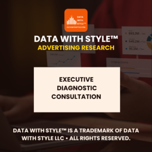 Graphic featuring the title Data With Style™ Advertising Research Executive Diagnostic Consultation and Data With Style™ logo. Image representing market intelligence, competitive ad analysis, and audience sentiment research services.