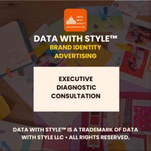 Graphic featuring the text Data With Style™ Brand Identity Advertising Executive Diagnostic Consultation alongside the Data With Style™ logo. Image representing brand identity creation, visual positioning, and corporate narrative architecture services.
