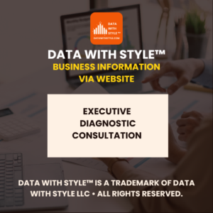 Graphic featuring the title Data With Style™ Business Information Via Website Executive Diagnostic Consultation. Image for product service representing executive intelligence reports and digital business strategy services delivered via website.