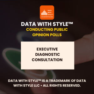Graphic displaying the title Data With Style™ Conducting Public Opinion Polls Executive Diagnostic Consultation with the Data With Style™ logo. Visual image representing quantitative survey design, public opinion polling, and community research services.