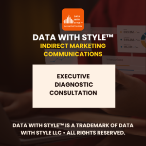 Graphic displaying the text Data With Style™ Indirect Marketing Communications Executive Diagnostic Consultation with the Data With Style™ logo. Visual image for social media, search engine marketing, and viral digital distribution services.