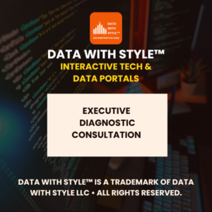 Graphic displaying the text Data With Style™ Interactive Tech and Data Portals Executive Diagnostic Consultation with the Data With Style™ logo. Visual image representing software engineering services for interactive technology research websites and data exploration portals.