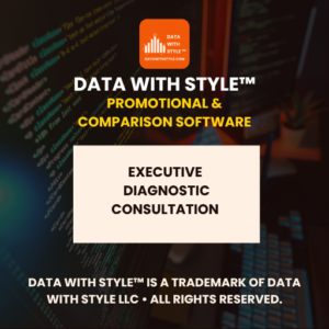 Graphic featuring the title Data With Style™ Promotional and Comparison Software Executive Diagnostic Consultation with the Data With Style™ logo. Visual image representing non-downloadable software engineering services for product reviews, price comparison tools, and retail affiliate links.