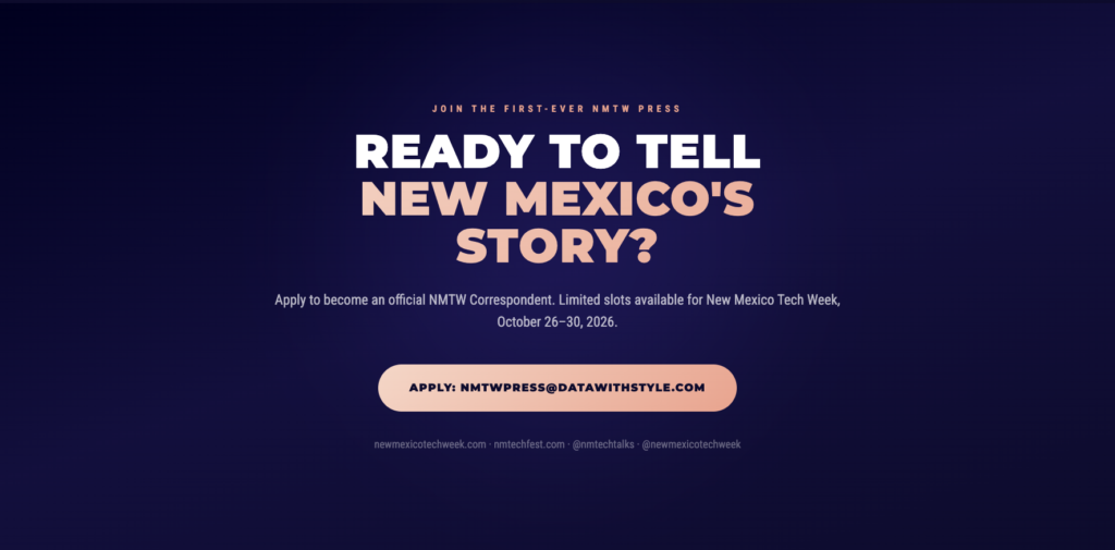 Image for NMTW Correspondents with CTA saying "Ready to tell New Mexico's Story?" on a spacey blue background. Email nmtwpress@datawithstyle.com to get started.